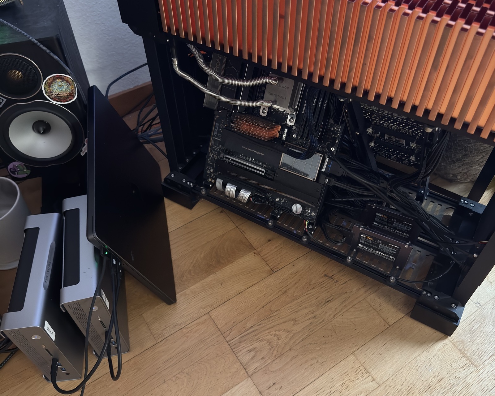 my workstation: ATX desktop with RTX 4090 and (allegedly) Thunderbolt 4, lid off