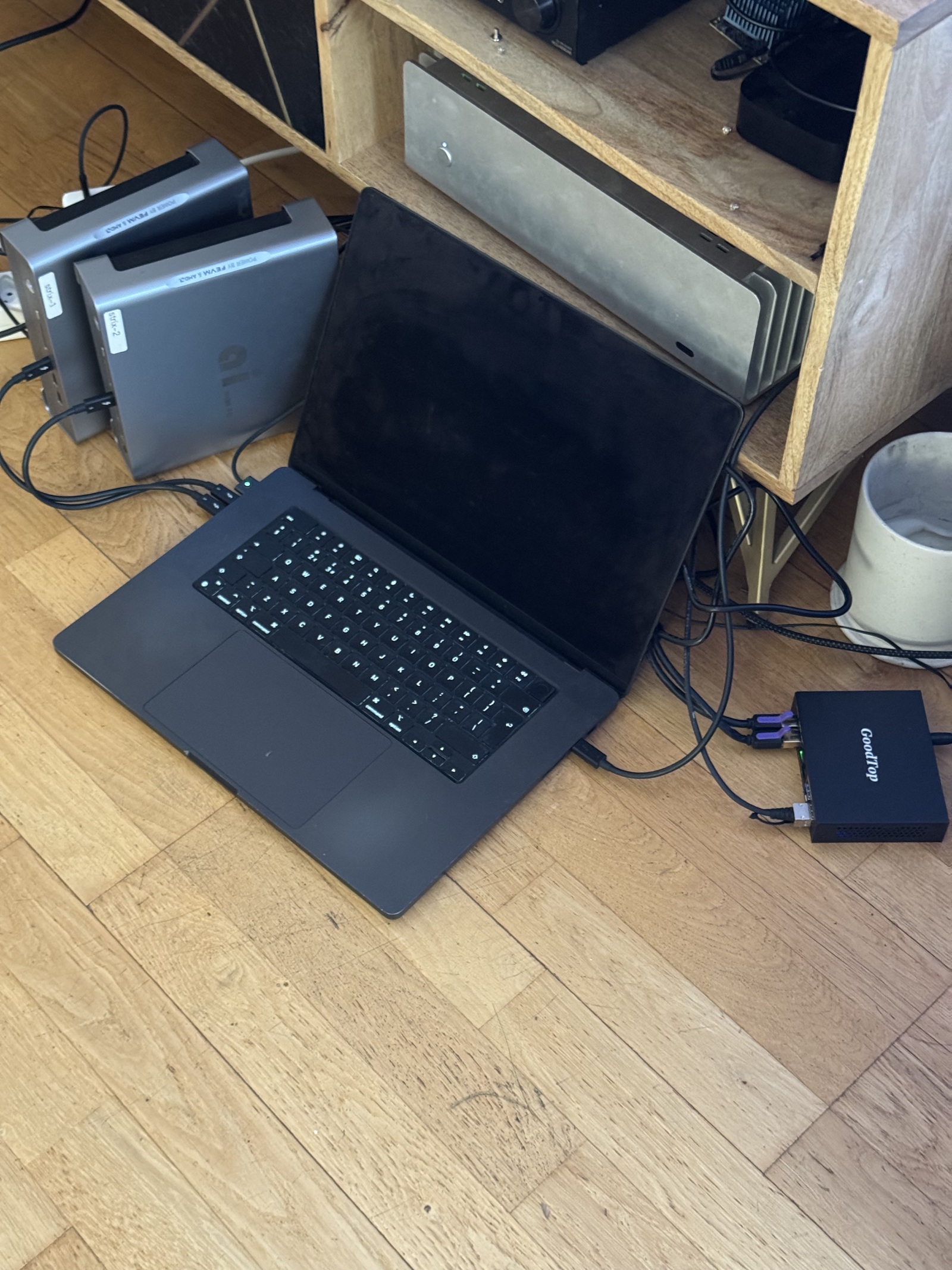 the 8845HS router box on my home rack, USB4 cable visible